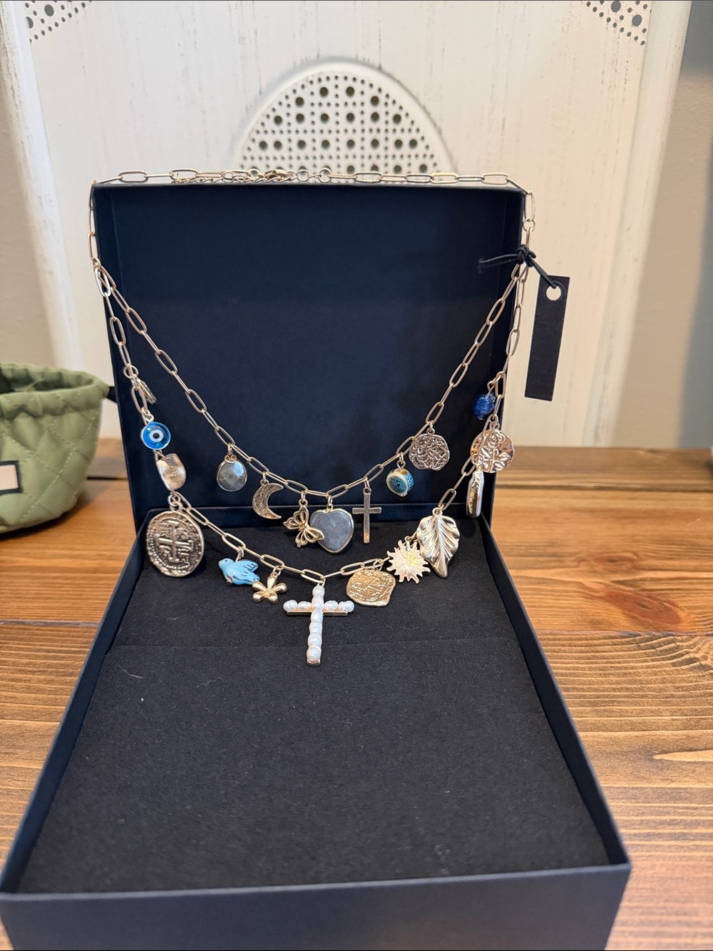 Gold-Tone Layered Charm Necklace with Blue Accents new